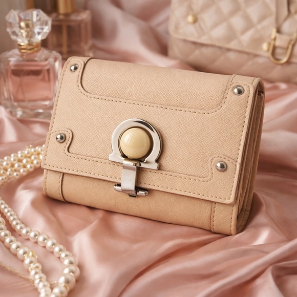Salvatore Ferragamo Handbags - Salvatore Ferragamo Vintage Beige Saffiano Leather Wallet | Gancini Clasp
